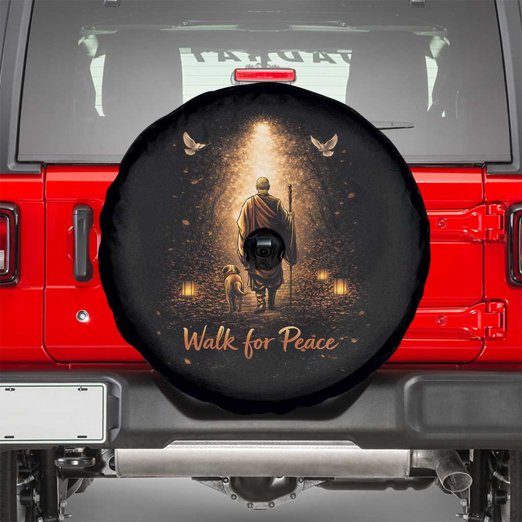 Walk for Peace Lantern Path Spare Tire Cover Monk and Aloka the Dog Spiritual Journey