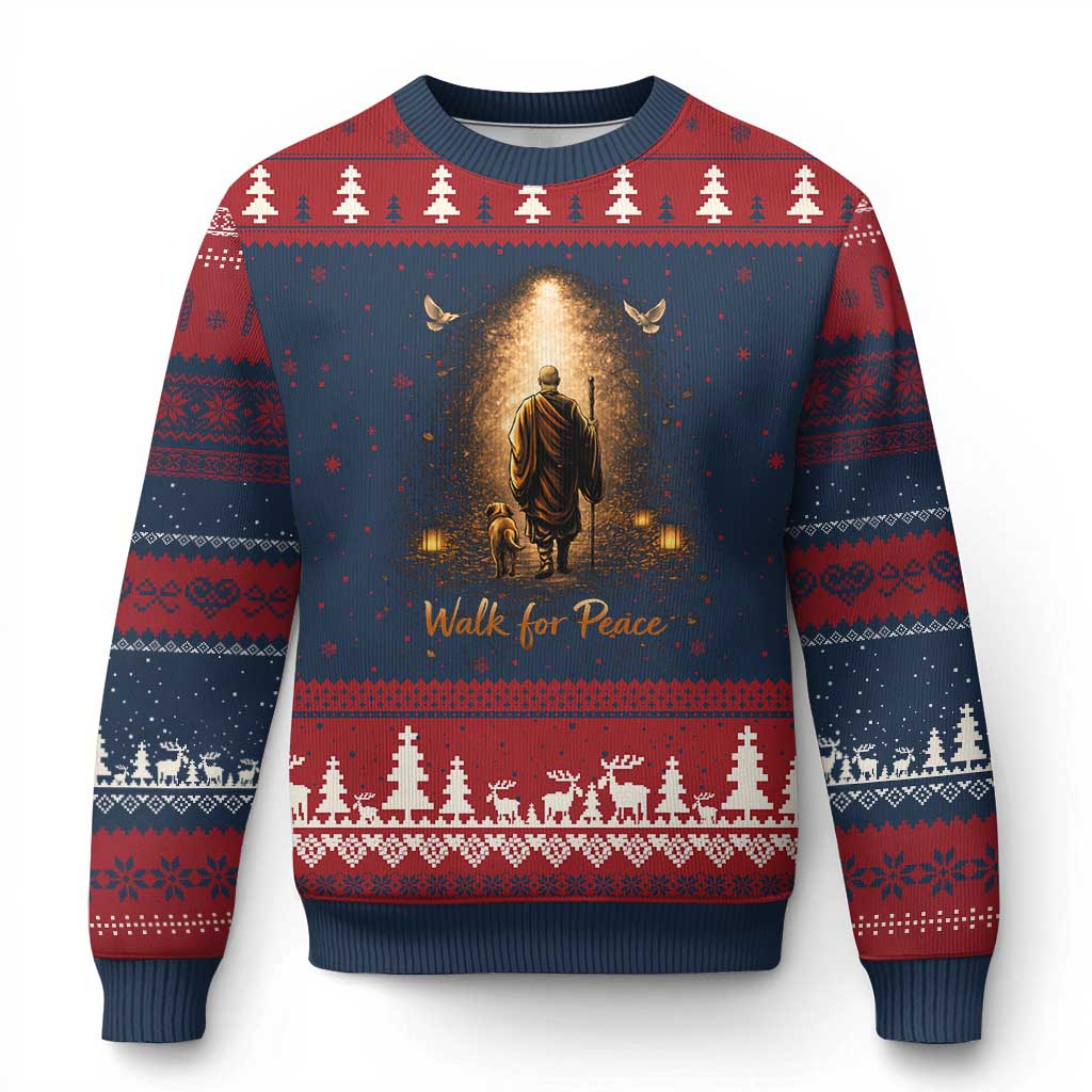 Walk for Peace Lantern Path Ugly Christmas Sweater Monk and Aloka the Dog Spiritual Journey