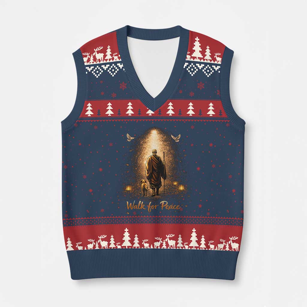 Walk for Peace Lantern Path V-Neck Knit Sweater Vest Monk and Aloka the Dog Spiritual Journey
