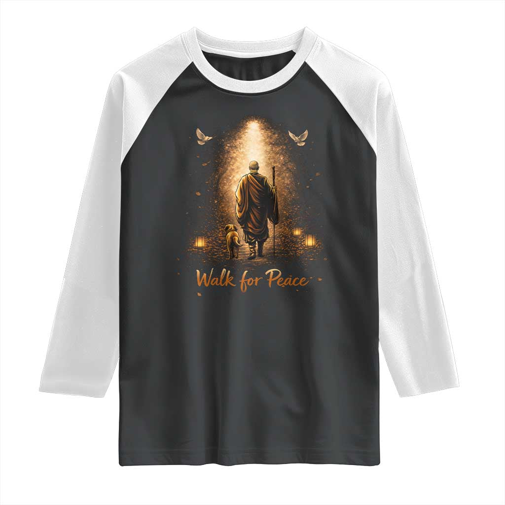 Walk for Peace Lantern Path Raglan Shirt Monk and Aloka the Dog Spiritual Journey