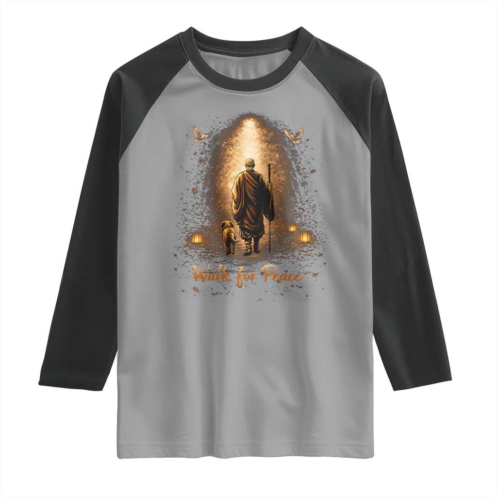 Walk for Peace Lantern Path Raglan Shirt Monk and Aloka the Dog Spiritual Journey