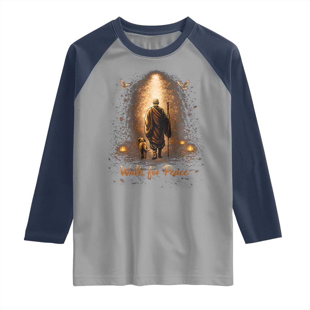 Walk for Peace Lantern Path Raglan Shirt Monk and Aloka the Dog Spiritual Journey