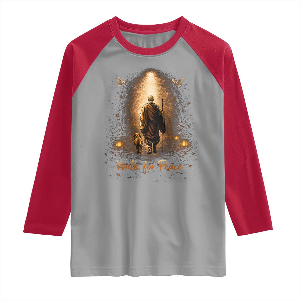 Walk for Peace Lantern Path Raglan Shirt Monk and Aloka the Dog Spiritual Journey