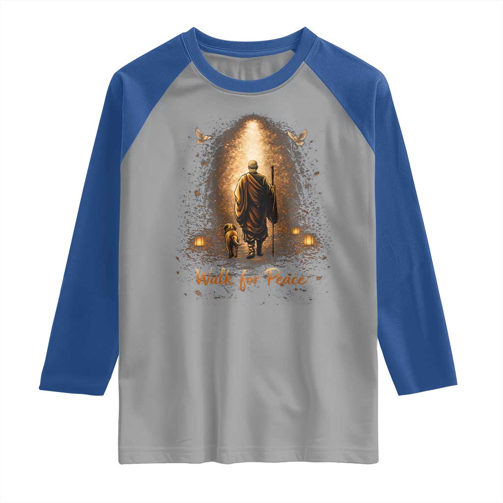 Walk for Peace Lantern Path Raglan Shirt Monk and Aloka the Dog Spiritual Journey