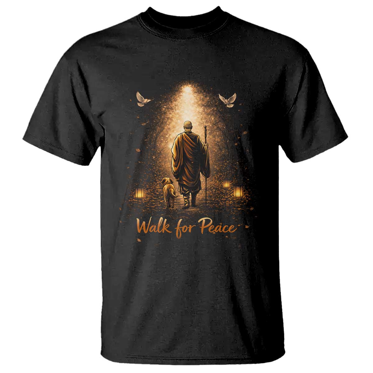 Walk for Peace Lantern Path T Shirt Monk and Aloka the Dog Spiritual Journey