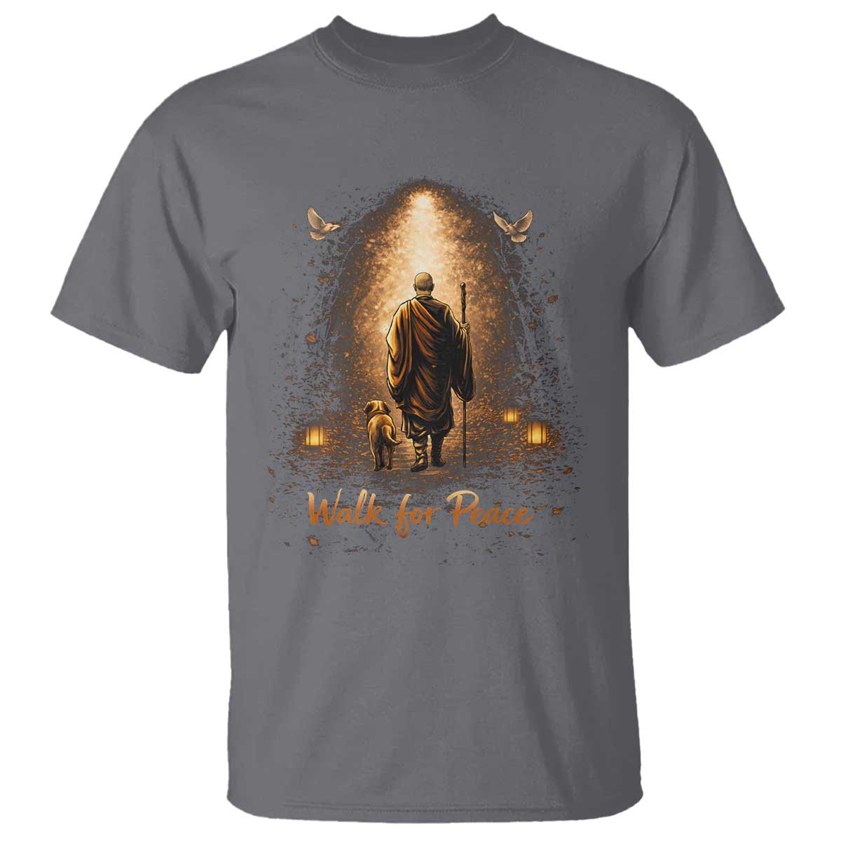 Walk for Peace Lantern Path T Shirt Monk and Aloka the Dog Spiritual Journey
