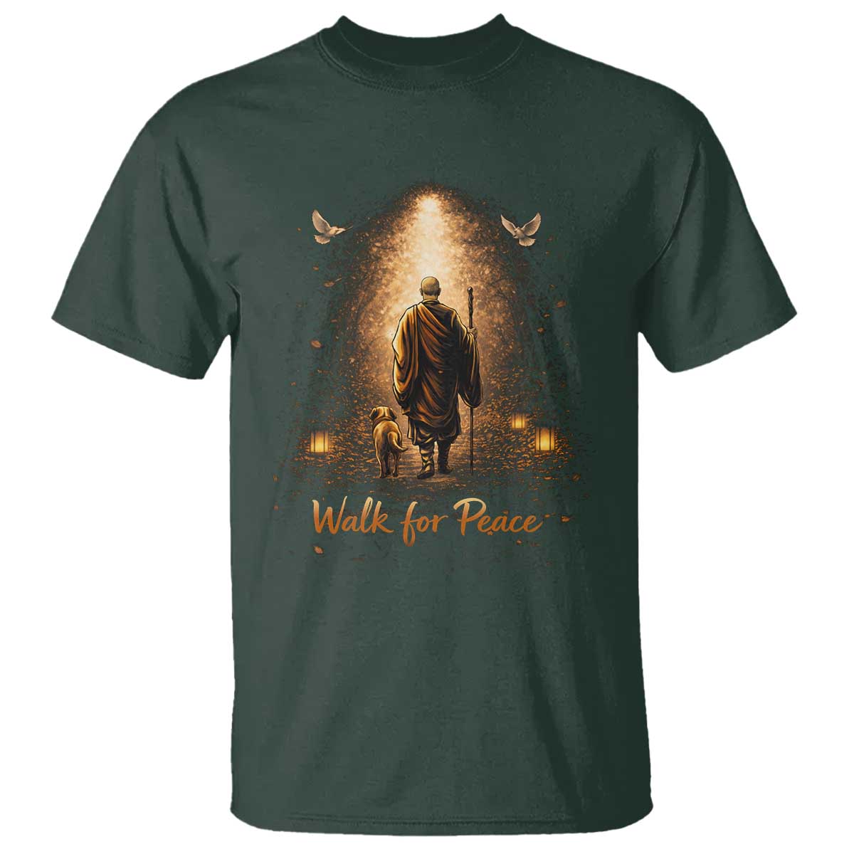 Walk for Peace Lantern Path T Shirt Monk and Aloka the Dog Spiritual Journey