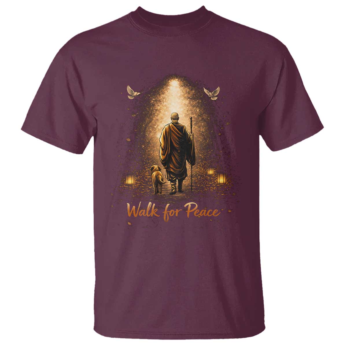 Walk for Peace Lantern Path T Shirt Monk and Aloka the Dog Spiritual Journey