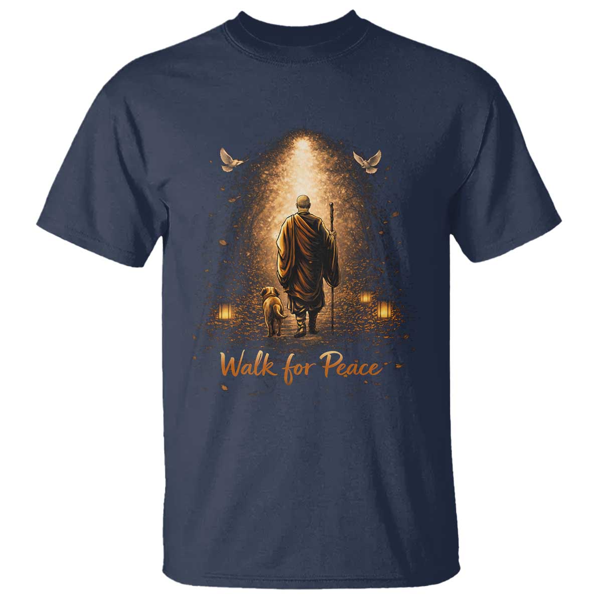 Walk for Peace Lantern Path T Shirt Monk and Aloka the Dog Spiritual Journey