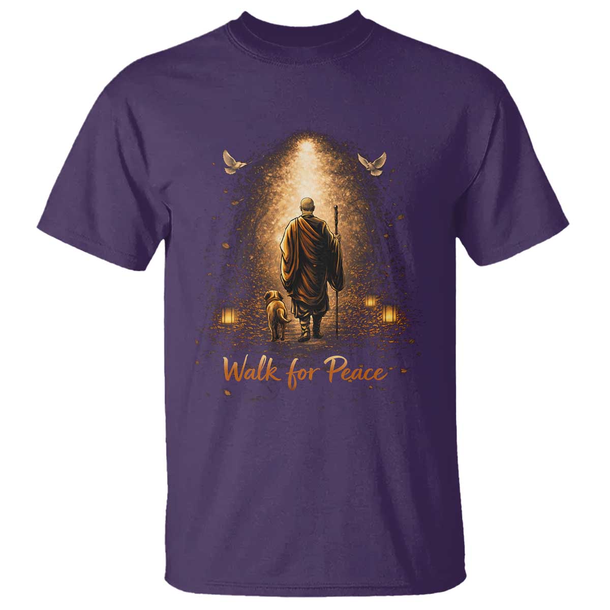 Walk for Peace Lantern Path T Shirt Monk and Aloka the Dog Spiritual Journey
