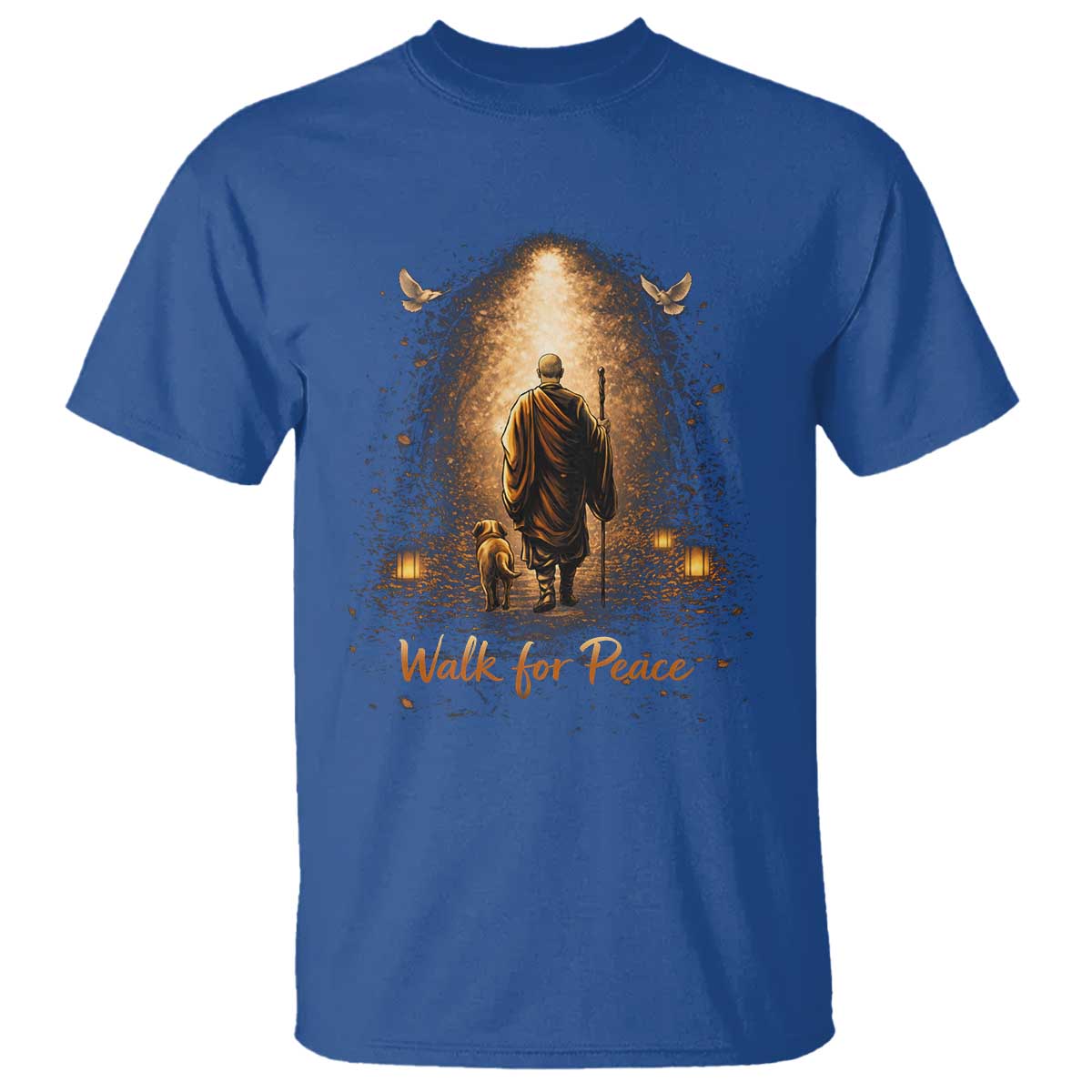 Walk for Peace Lantern Path T Shirt Monk and Aloka the Dog Spiritual Journey