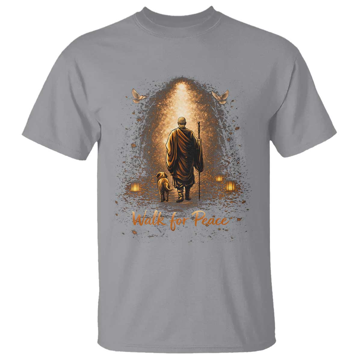 Walk for Peace Lantern Path T Shirt Monk and Aloka the Dog Spiritual Journey