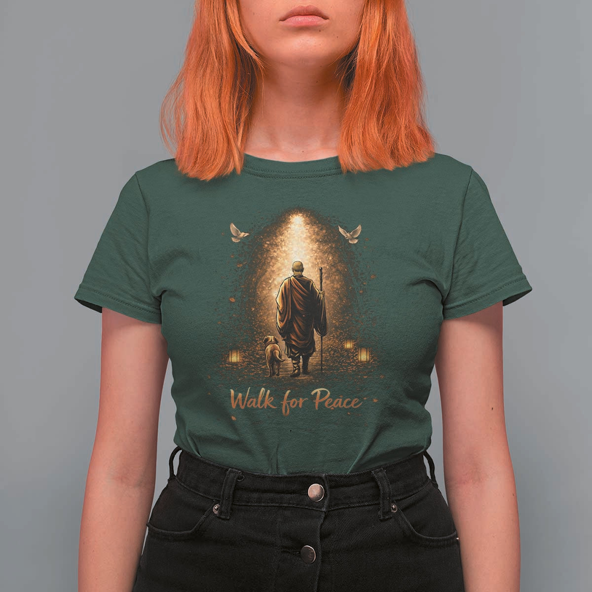 Walk for Peace Lantern Path T Shirt For Women Monk and Aloka the Dog Spiritual Journey