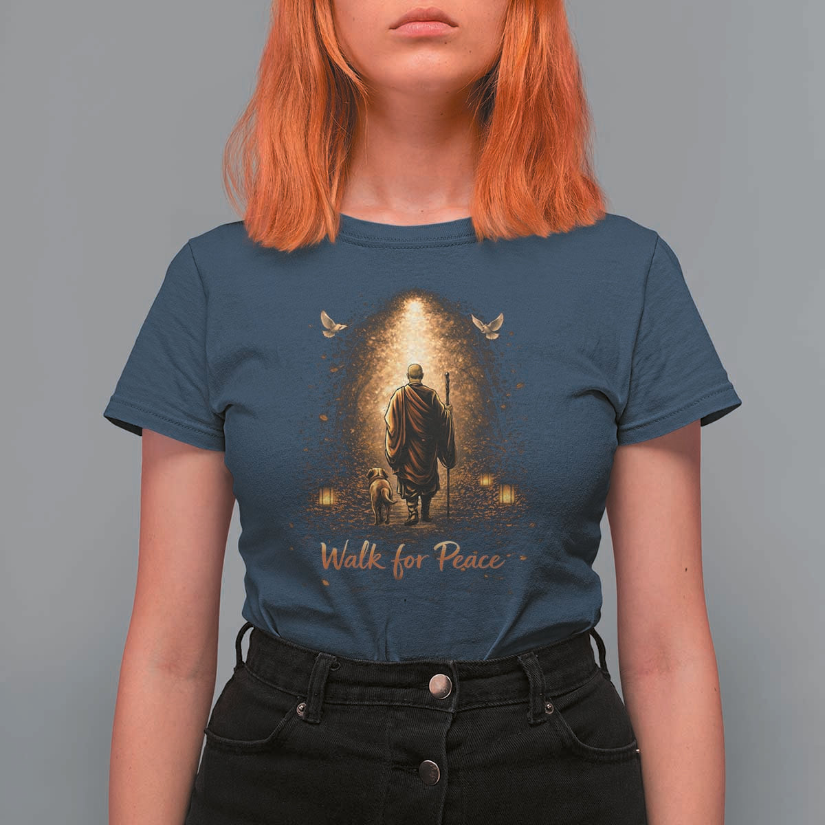 Walk for Peace Lantern Path T Shirt For Women Monk and Aloka the Dog Spiritual Journey