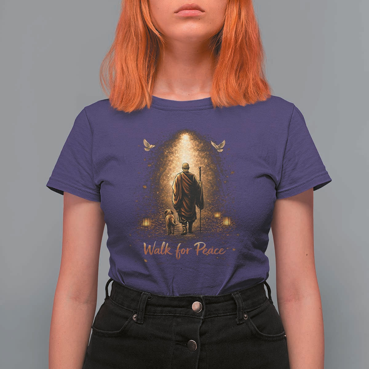 Walk for Peace Lantern Path T Shirt For Women Monk and Aloka the Dog Spiritual Journey