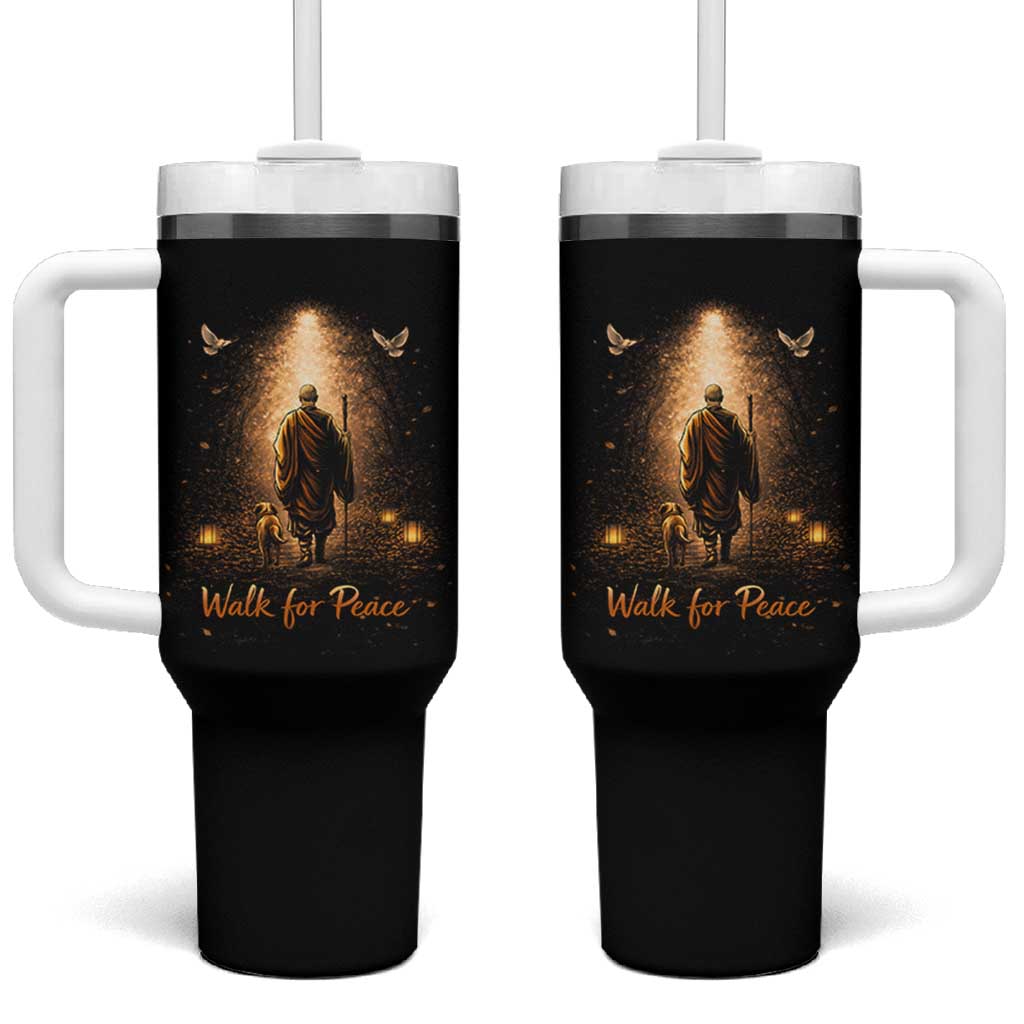 Walk for Peace Lantern Path Tumbler With Handle Monk and Aloka the Dog Spiritual Journey