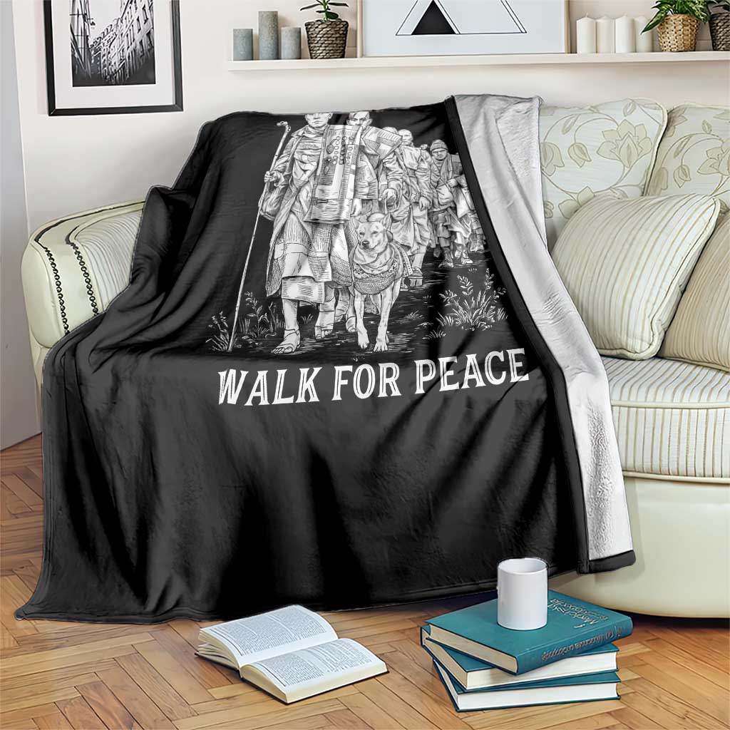 Walk for Peace Walking Monks and Aloka the Dog Throw Blanket Buddhist Mindfulness Spiritual Religious Faith
