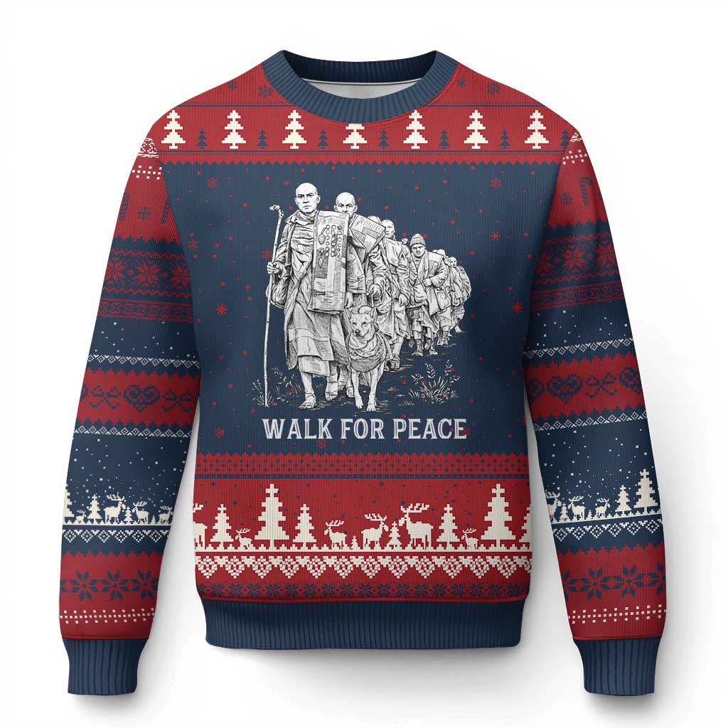 Walk for Peace Walking Monks and Aloka the Dog Ugly Christmas Sweater Buddhist Mindfulness Spiritual Religious Faith