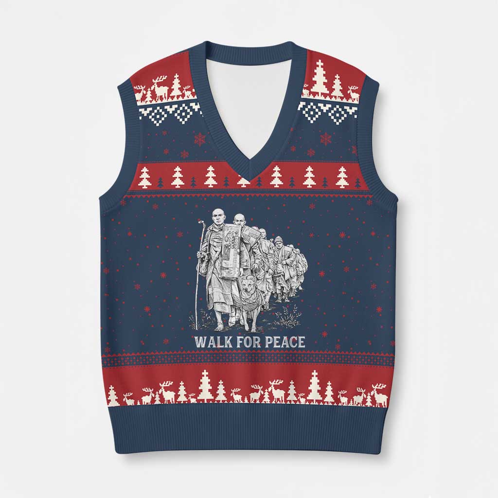 Walk for Peace Walking Monks and Aloka the Dog V-Neck Knit Sweater Vest Buddhist Mindfulness Spiritual Religious Faith