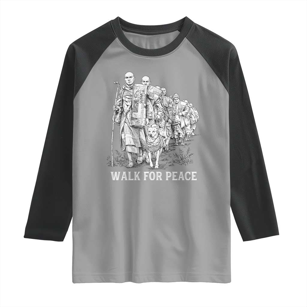 Walk for Peace Walking Monks and Aloka the Dog Raglan Shirt Buddhist Mindfulness Spiritual Religious Faith