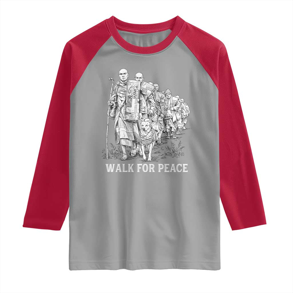 Walk for Peace Walking Monks and Aloka the Dog Raglan Shirt Buddhist Mindfulness Spiritual Religious Faith