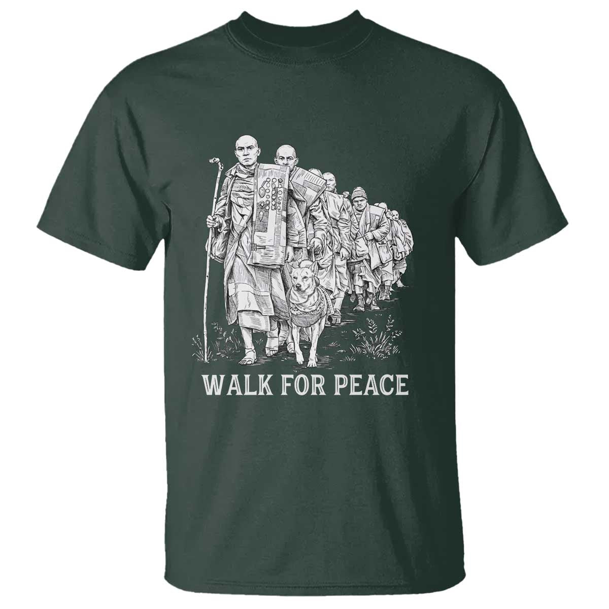 Walk for Peace Walking Monks and Aloka the Dog T Shirt Buddhist Mindfulness Spiritual Religious Faith