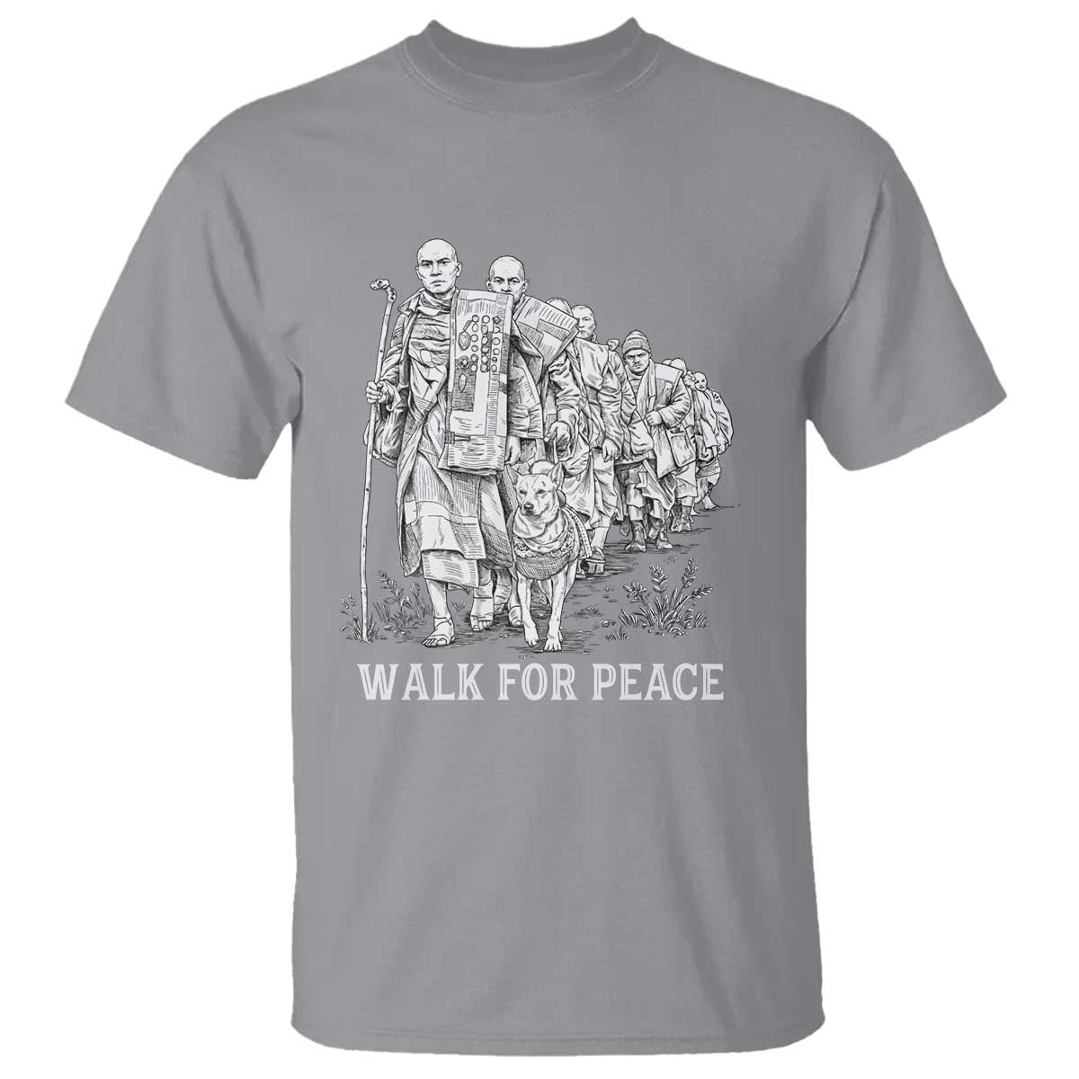 Walk for Peace Walking Monks and Aloka the Dog T Shirt Buddhist Mindfulness Spiritual Religious Faith