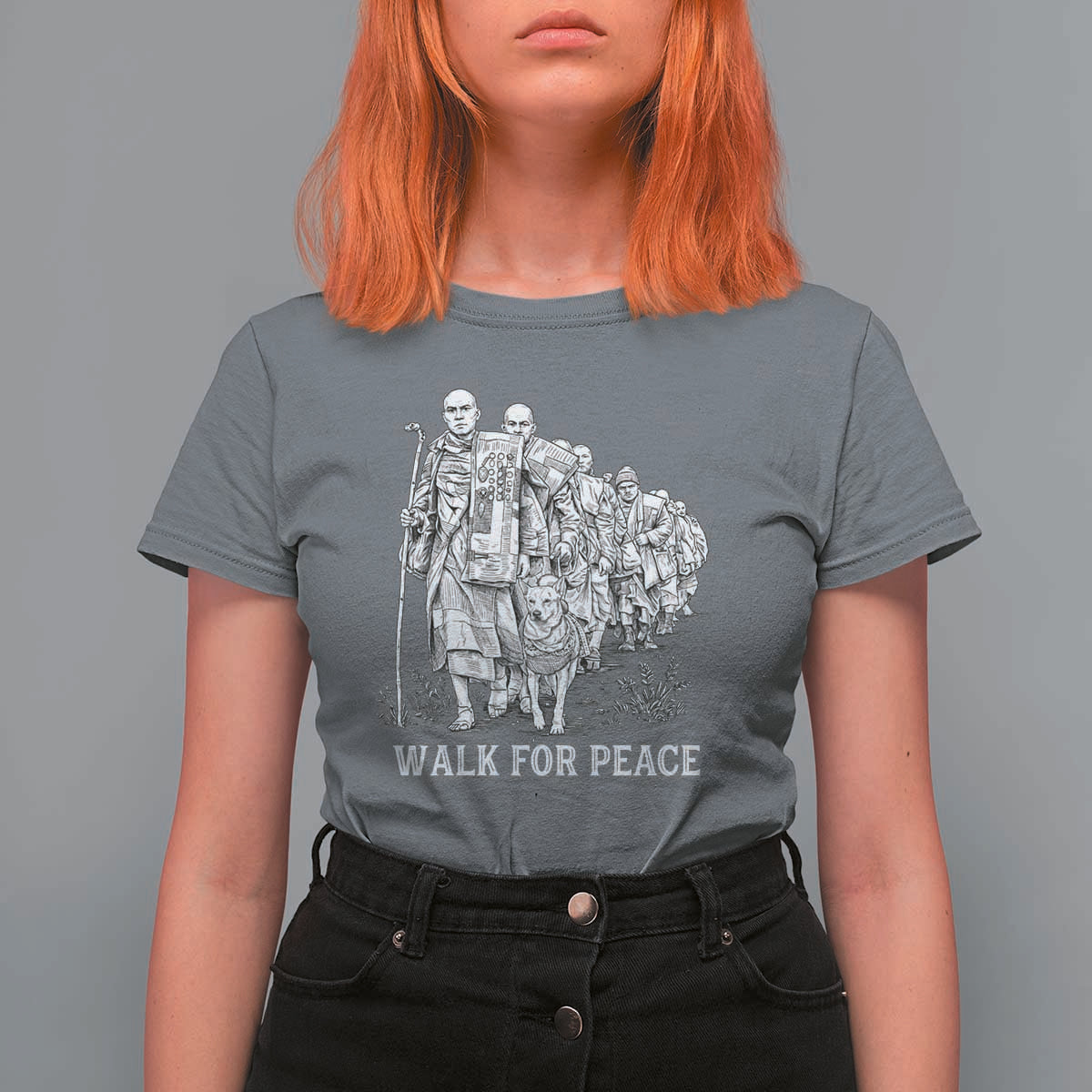 Walk for Peace Walking Monks and Aloka the Dog T Shirt For Women Buddhist Mindfulness Spiritual Religious Faith