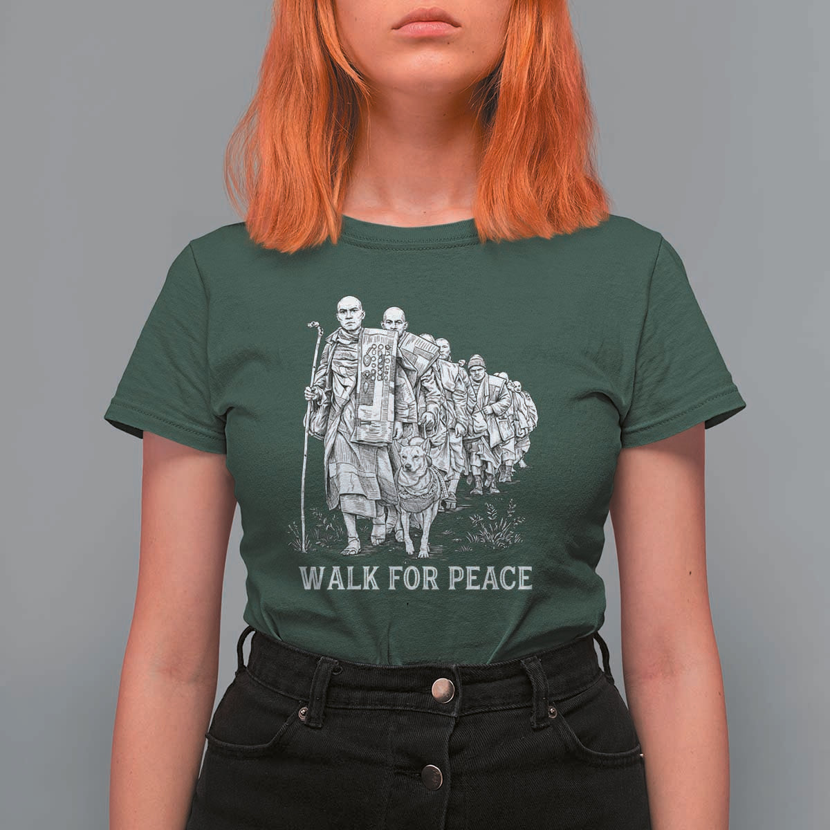 Walk for Peace Walking Monks and Aloka the Dog T Shirt For Women Buddhist Mindfulness Spiritual Religious Faith