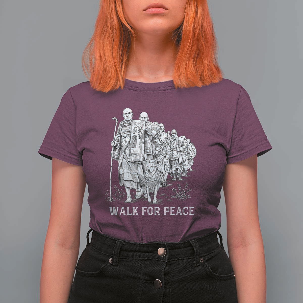 Walk for Peace Walking Monks and Aloka the Dog T Shirt For Women Buddhist Mindfulness Spiritual Religious Faith