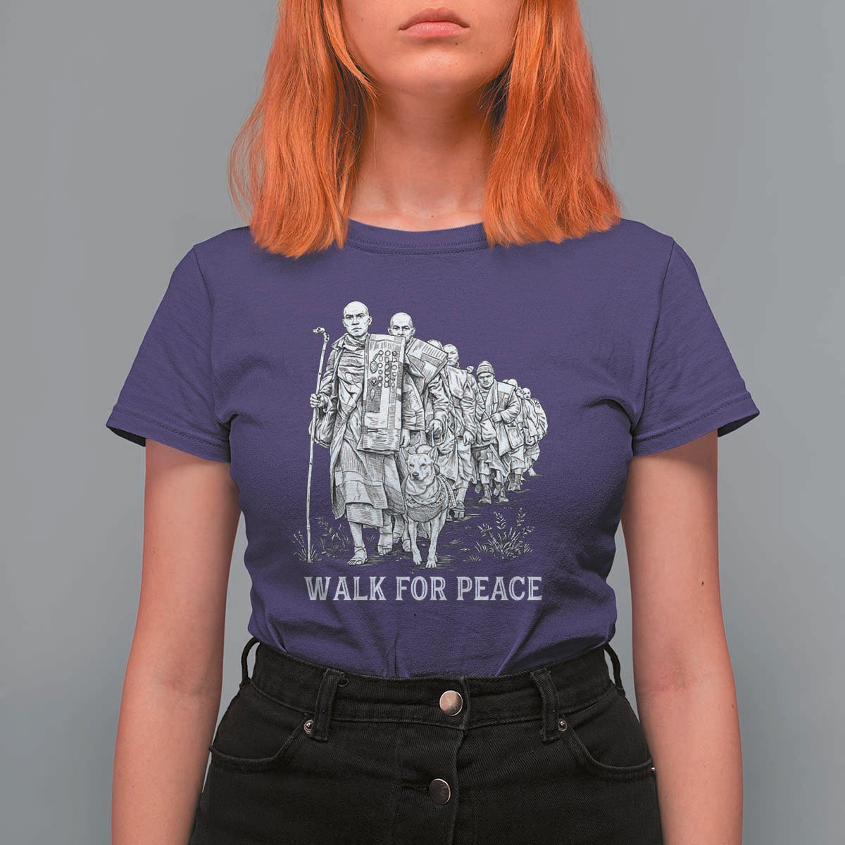 Walk for Peace Walking Monks and Aloka the Dog T Shirt For Women Buddhist Mindfulness Spiritual Religious Faith