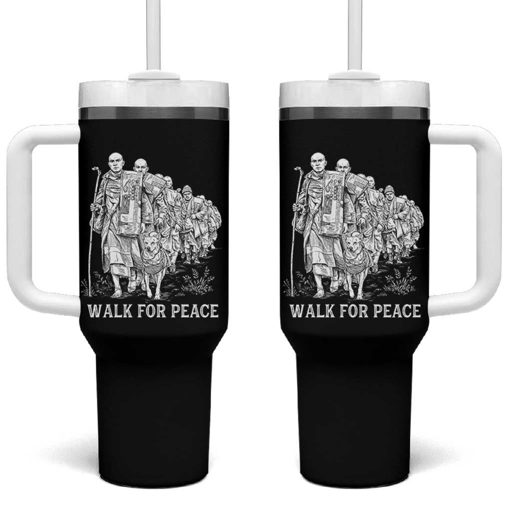 Walk for Peace Walking Monks and Aloka the Dog Tumbler With Handle Buddhist Mindfulness Spiritual Religious Faith