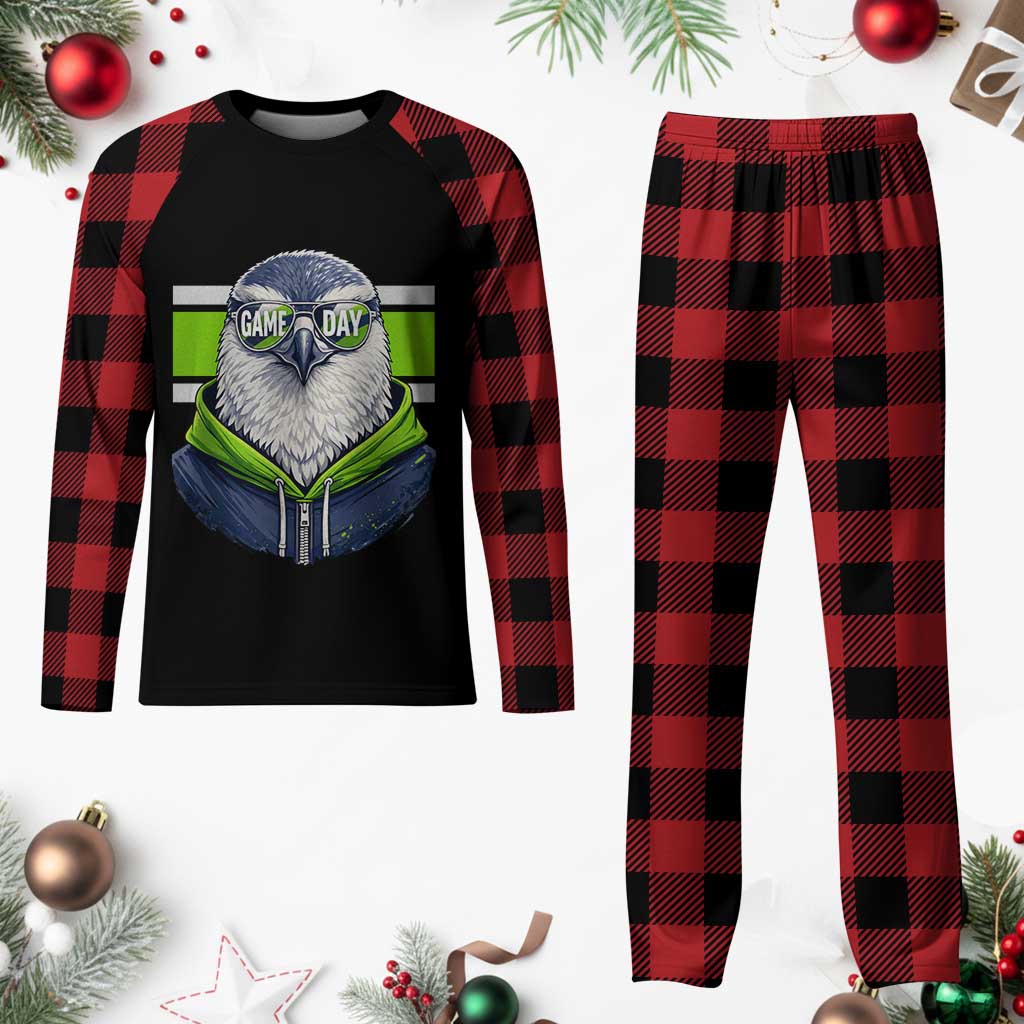 Cool Hawk Wearing Hoodie Graphic Plaid Pajama Set Game Day Swagger