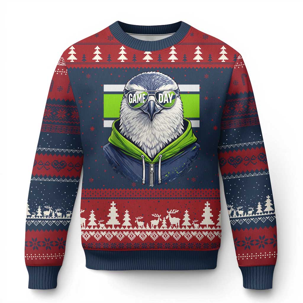 Cool Hawk Wearing Hoodie Graphic Ugly Christmas Sweater Game Day Swagger