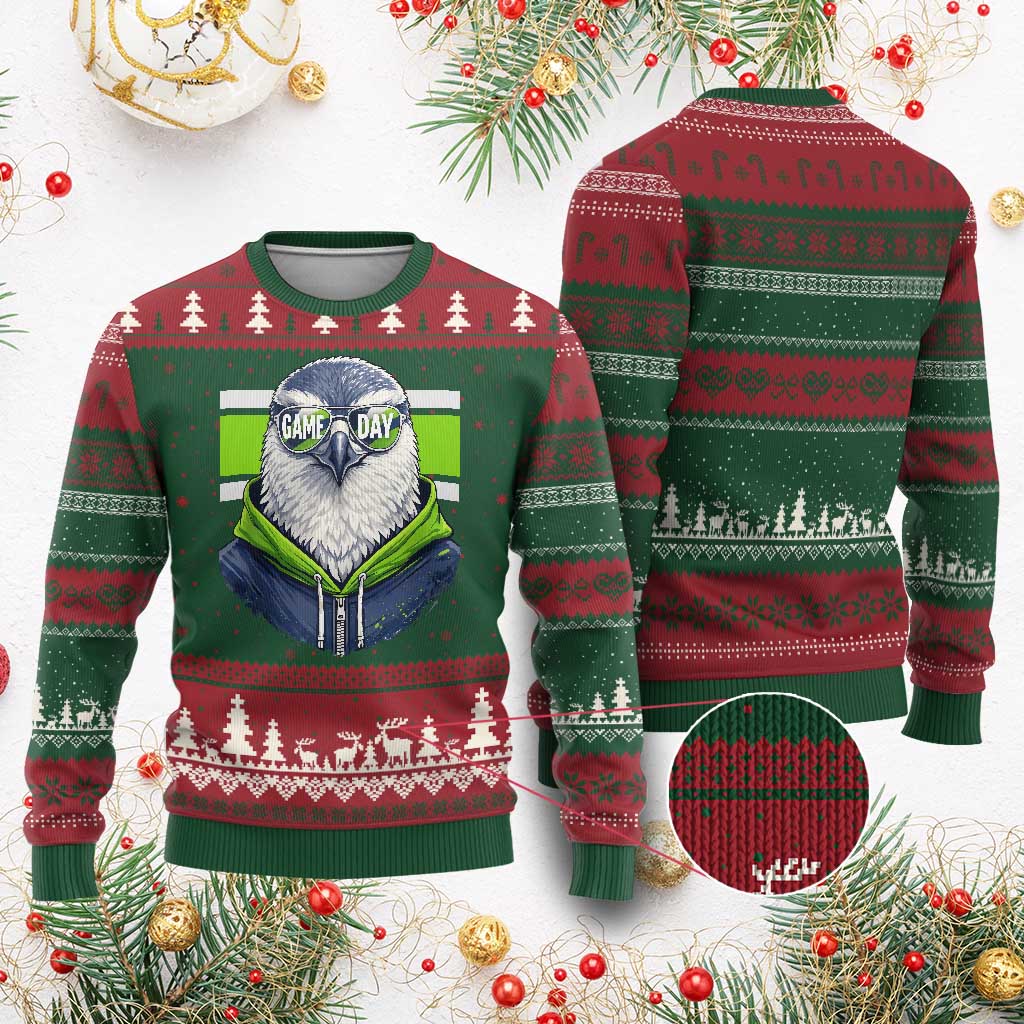 Cool Hawk Wearing Hoodie Graphic Ugly Christmas Sweater Game Day Swagger