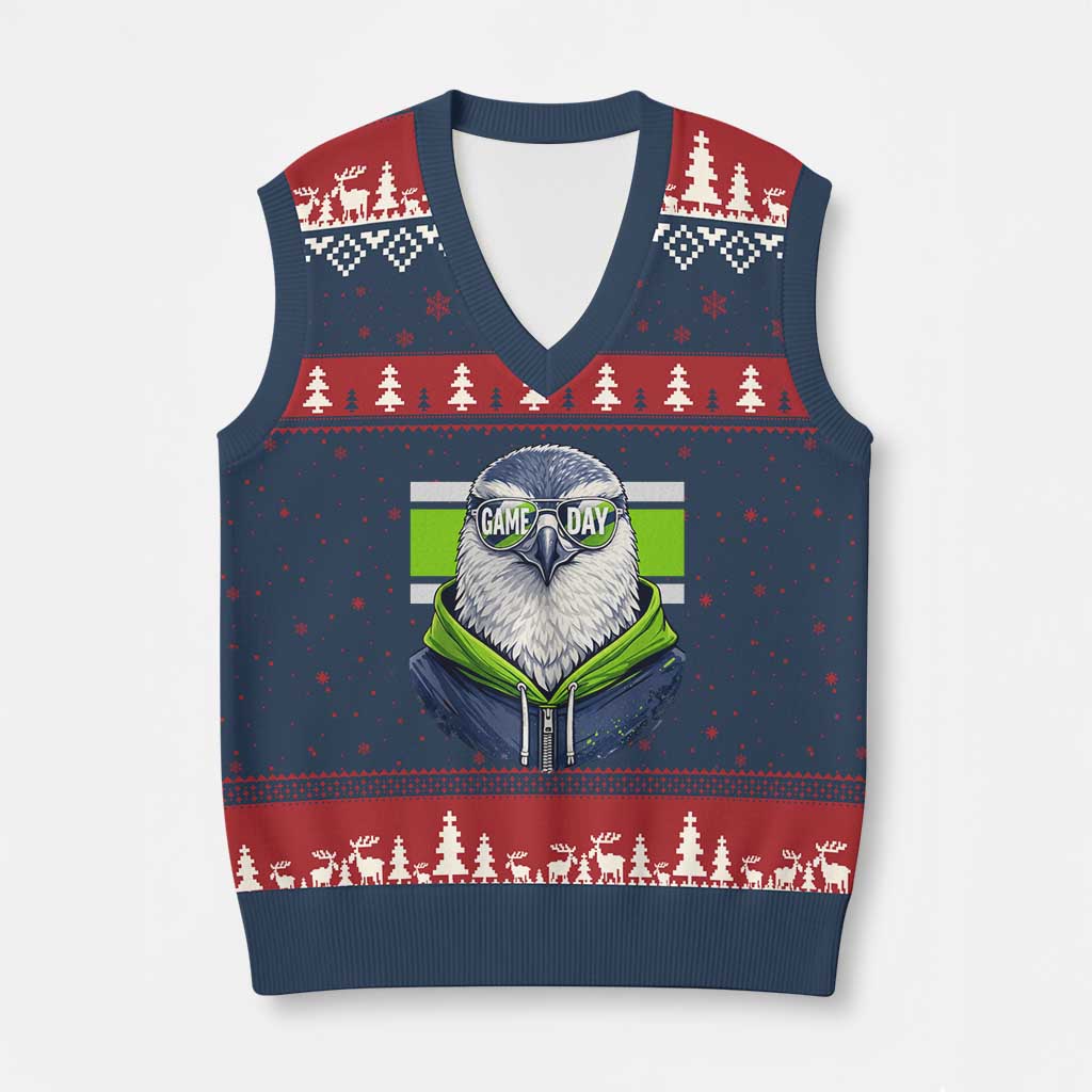Cool Hawk Wearing Hoodie Graphic V-Neck Knit Sweater Vest Game Day Swagger