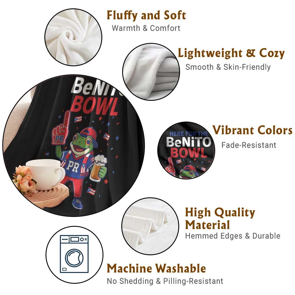 Funny Benito Bowl Puerto Rican Football Throw Blanket Coquí Frog Music Fan with Beer and Foam Finger