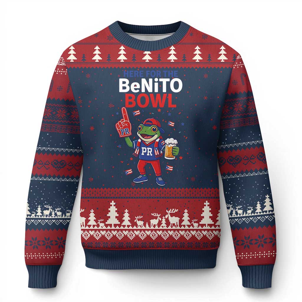 Funny Benito Bowl Puerto Rican Football Ugly Christmas Sweater Coquí Frog Music Fan with Beer and Foam Finger
