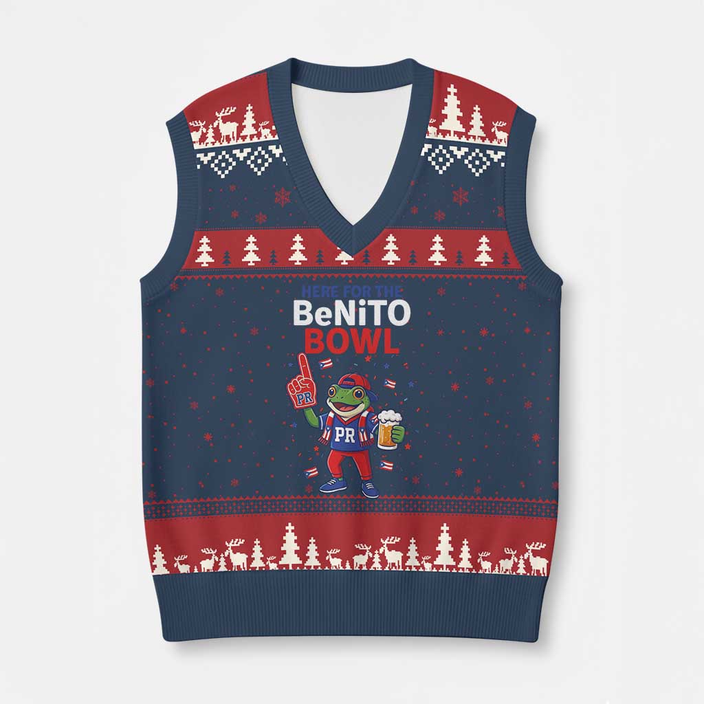 Funny Benito Bowl Puerto Rican Football V-Neck Knit Sweater Vest Coquí Frog Music Fan with Beer and Foam Finger