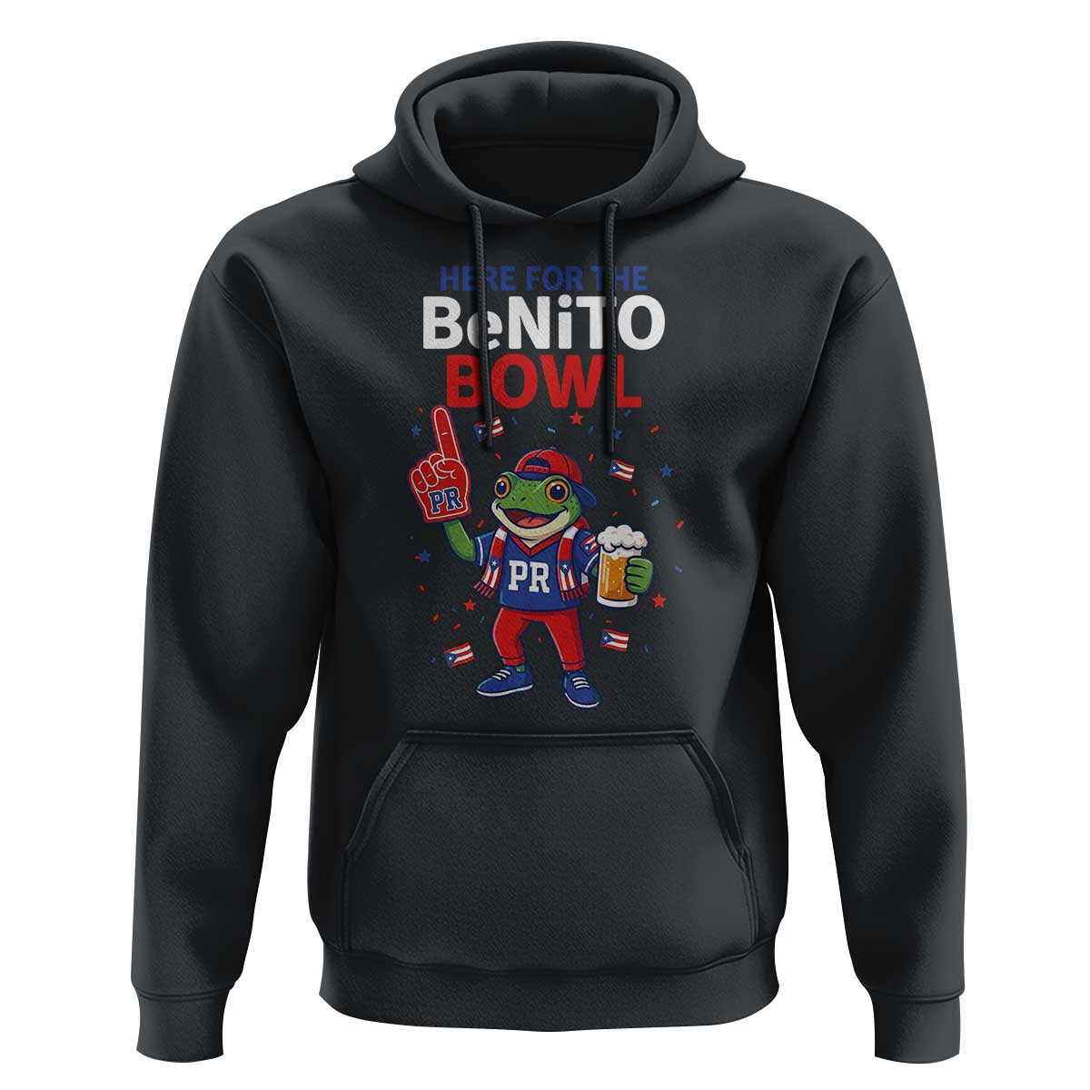Funny Benito Bowl Puerto Rican Football Hoodie Coquí Frog Music Fan with Beer and Foam Finger