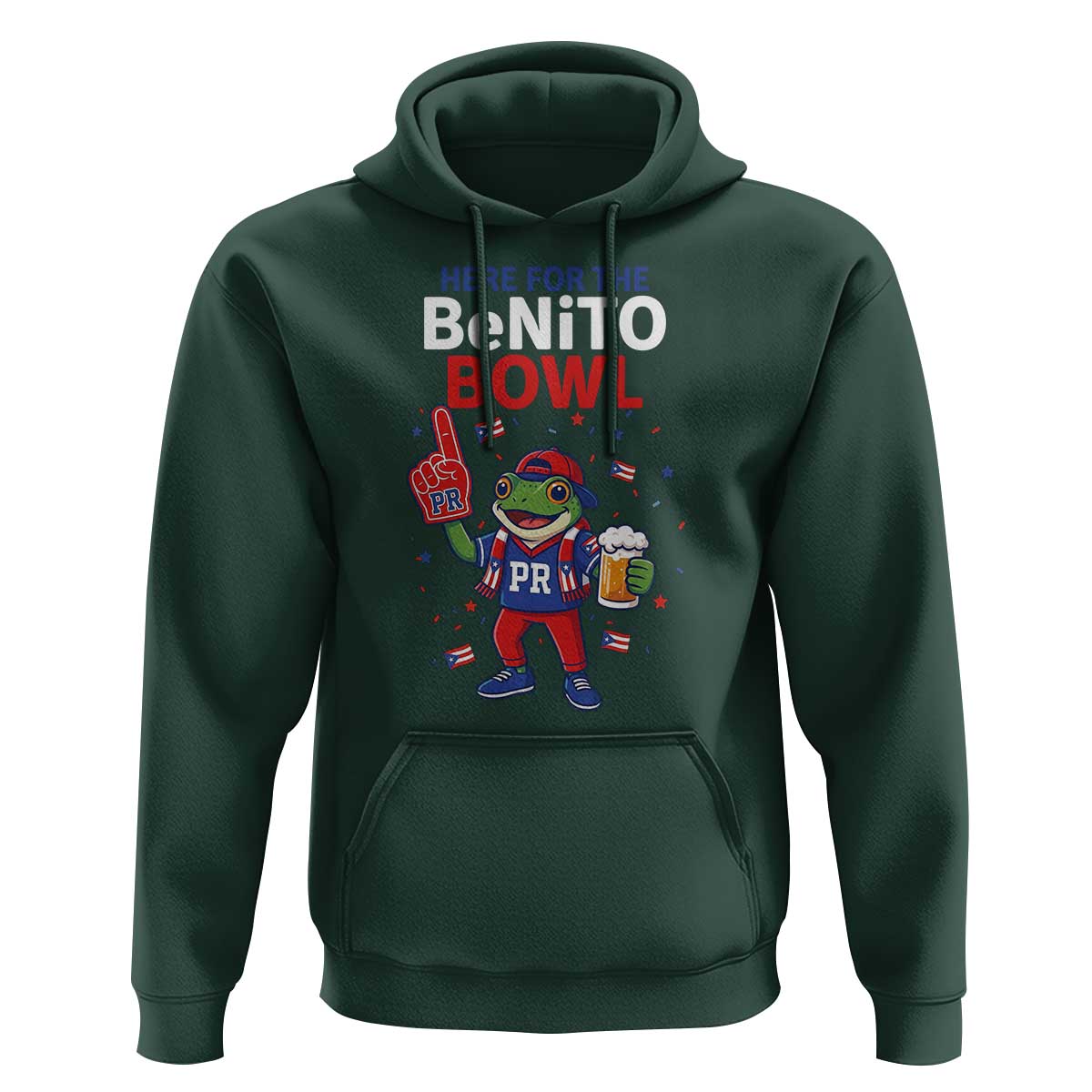Funny Benito Bowl Puerto Rican Football Hoodie Coquí Frog Music Fan with Beer and Foam Finger