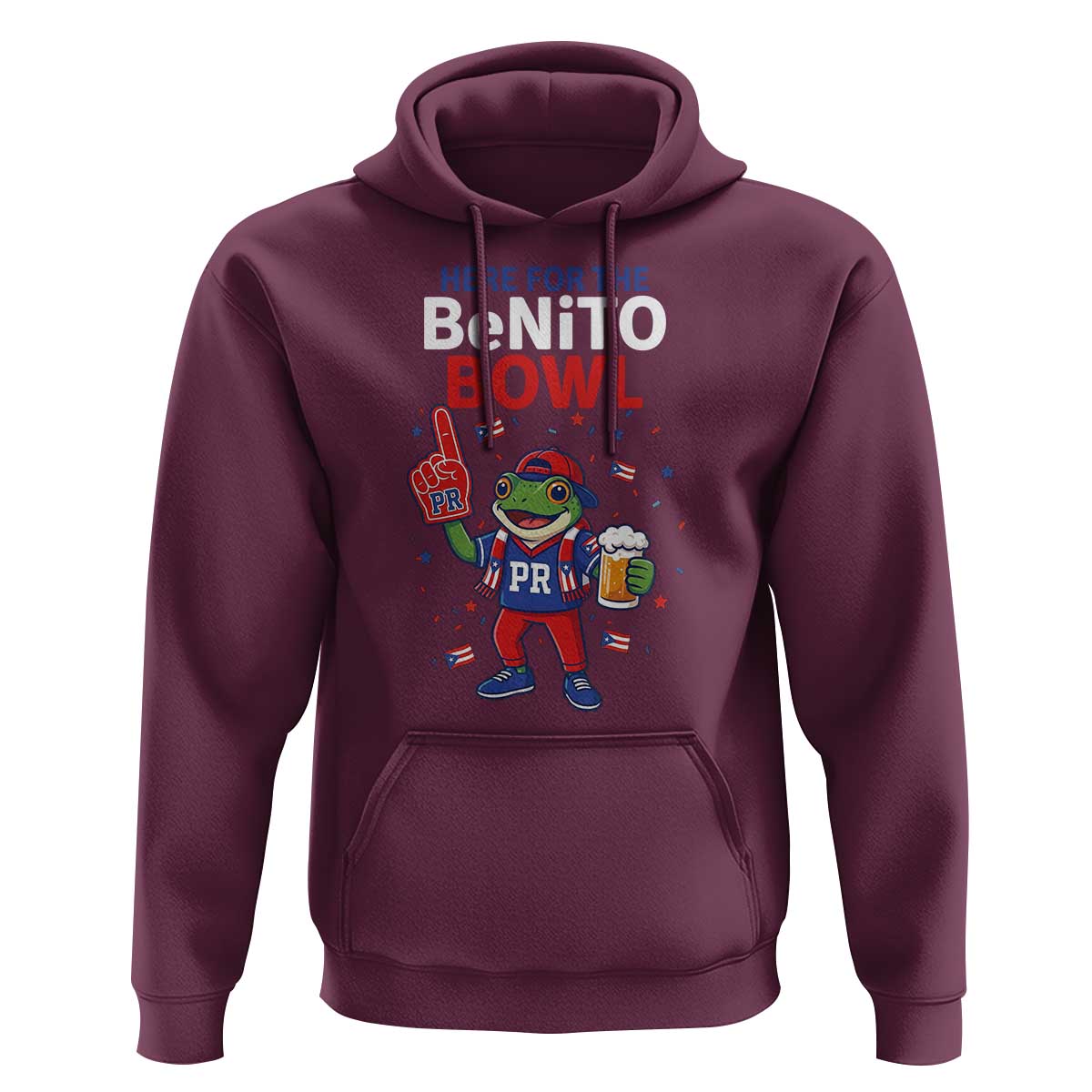 Funny Benito Bowl Puerto Rican Football Hoodie Coquí Frog Music Fan with Beer and Foam Finger