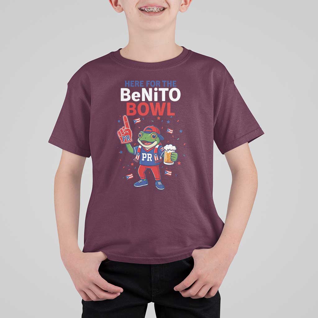Funny Benito Bowl Puerto Rican Football T Shirt For Kid Coquí Frog Music Fan with Beer and Foam Finger
