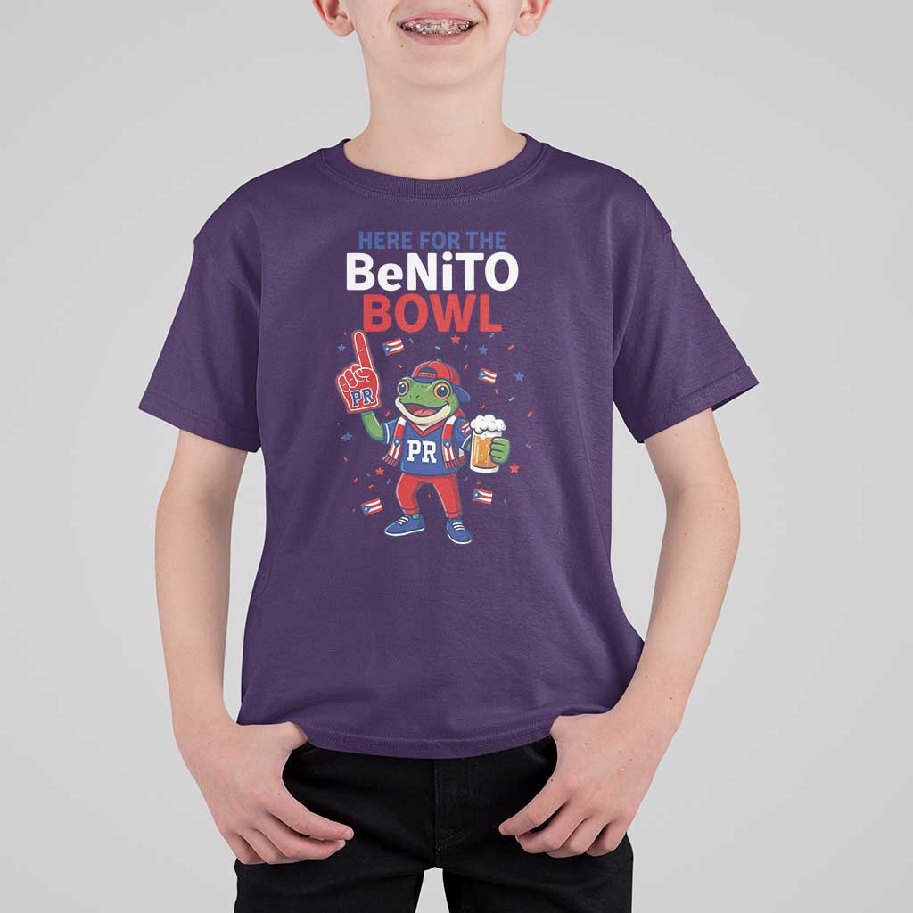 Funny Benito Bowl Puerto Rican Football T Shirt For Kid Coquí Frog Music Fan with Beer and Foam Finger