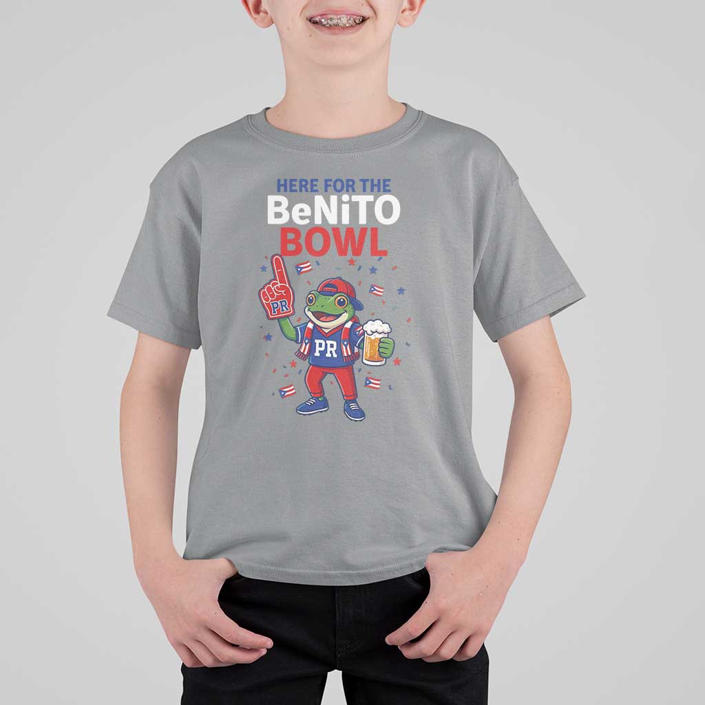 Funny Benito Bowl Puerto Rican Football T Shirt For Kid Coquí Frog Music Fan with Beer and Foam Finger