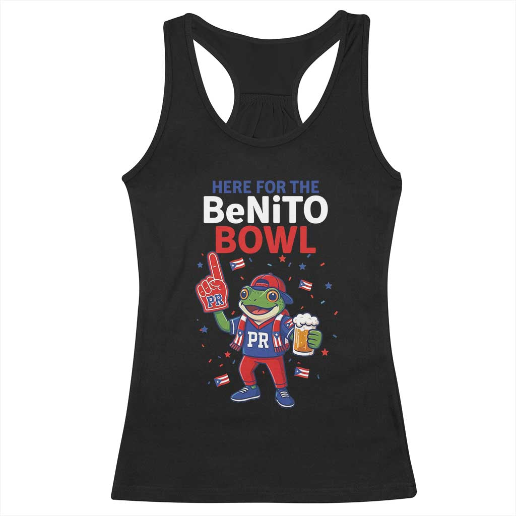 Funny Benito Bowl Puerto Rican Football Racerback Tank Top Coquí Frog Music Fan with Beer and Foam Finger