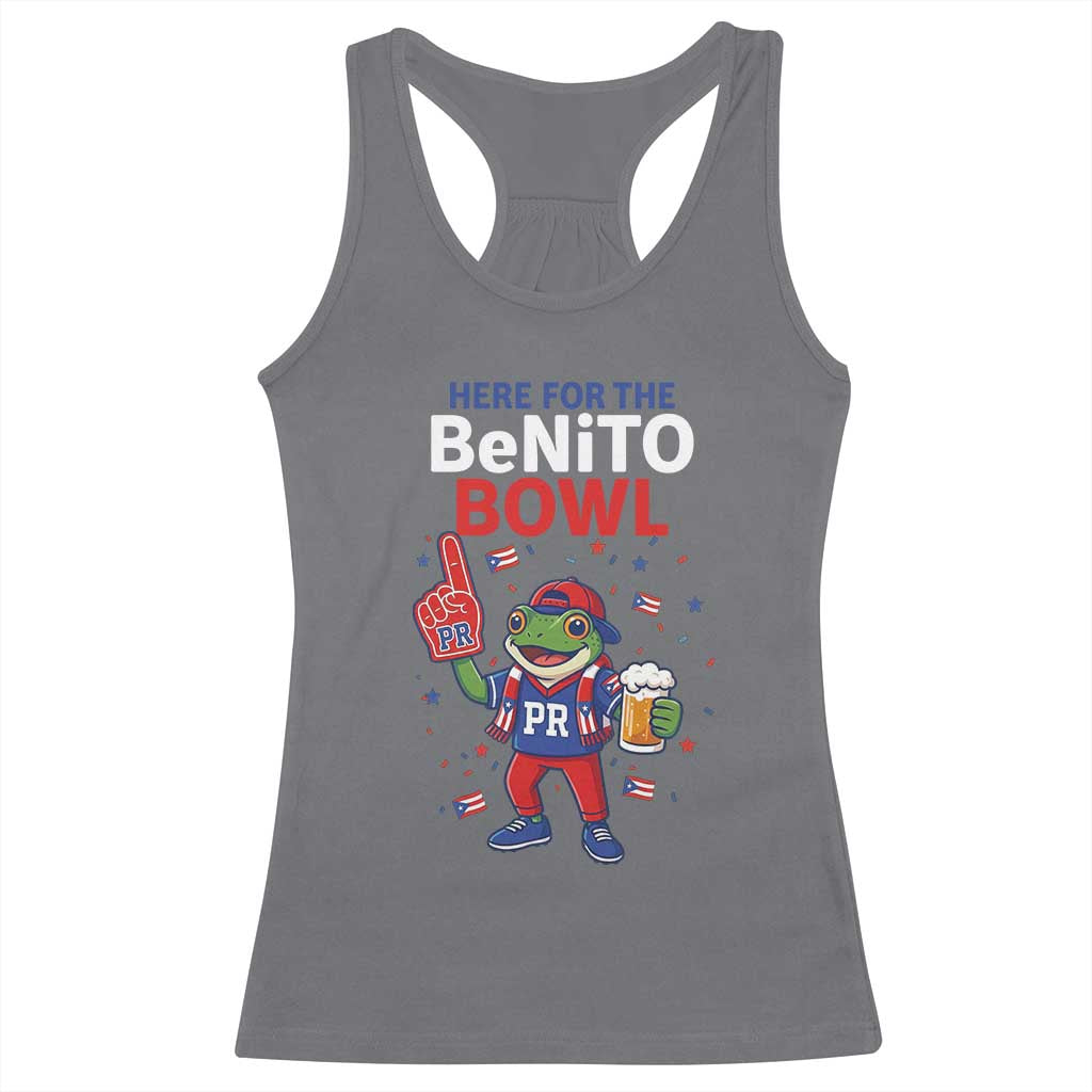 Funny Benito Bowl Puerto Rican Football Racerback Tank Top Coquí Frog Music Fan with Beer and Foam Finger