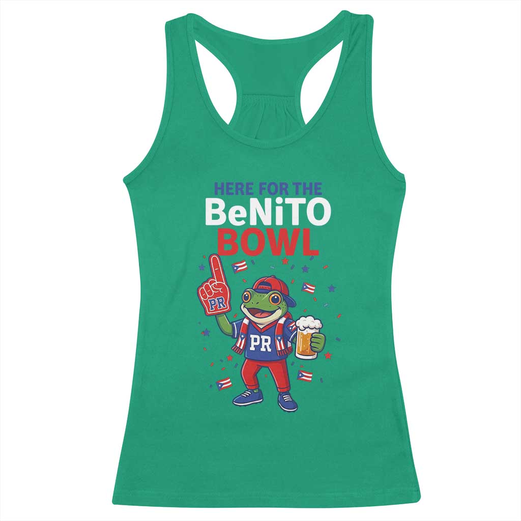 Funny Benito Bowl Puerto Rican Football Racerback Tank Top Coquí Frog Music Fan with Beer and Foam Finger