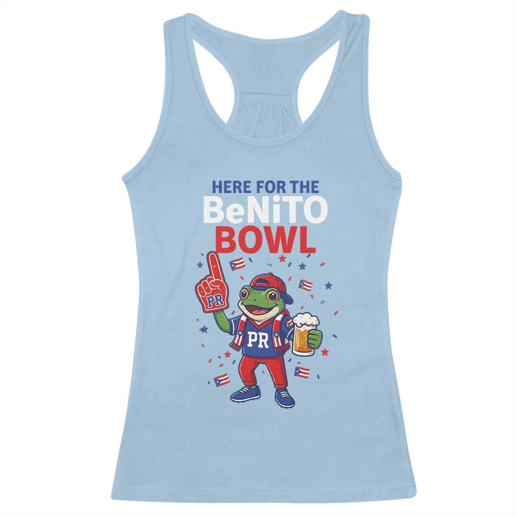 Funny Benito Bowl Puerto Rican Football Racerback Tank Top Coquí Frog Music Fan with Beer and Foam Finger
