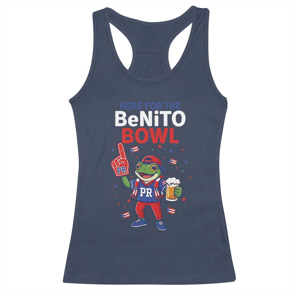 Funny Benito Bowl Puerto Rican Football Racerback Tank Top Coquí Frog Music Fan with Beer and Foam Finger